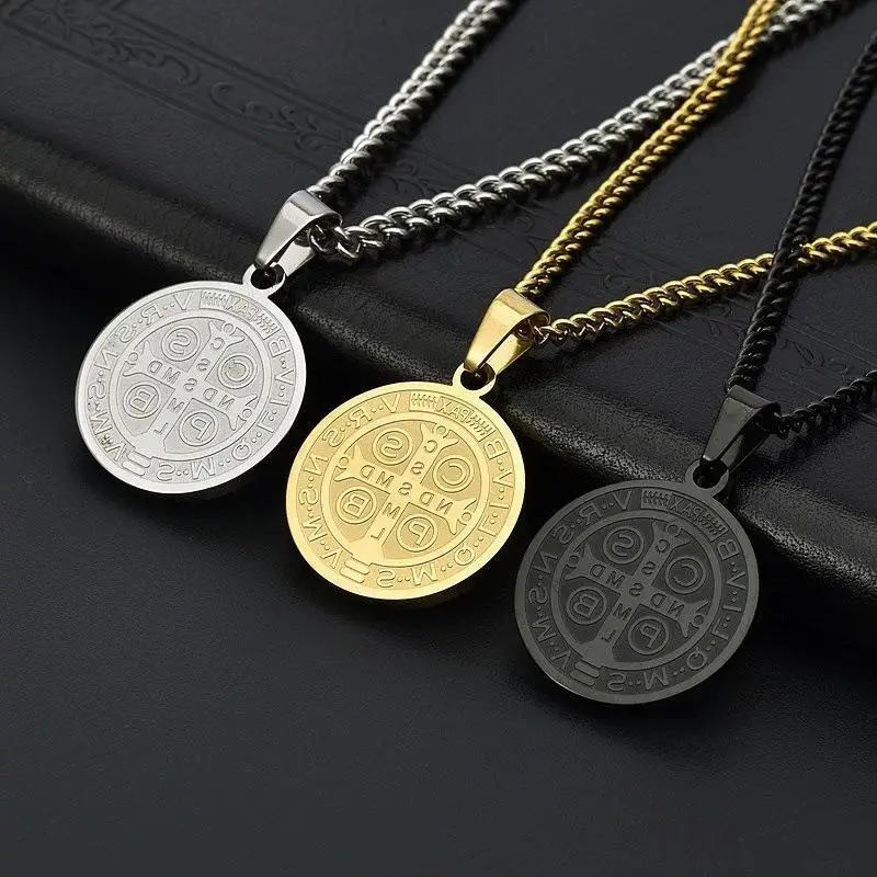 Stainless Steel Saint Benedict Medal Necklace Tarnish Resistant Anti Allergy Chain For Daily Wear Gift
