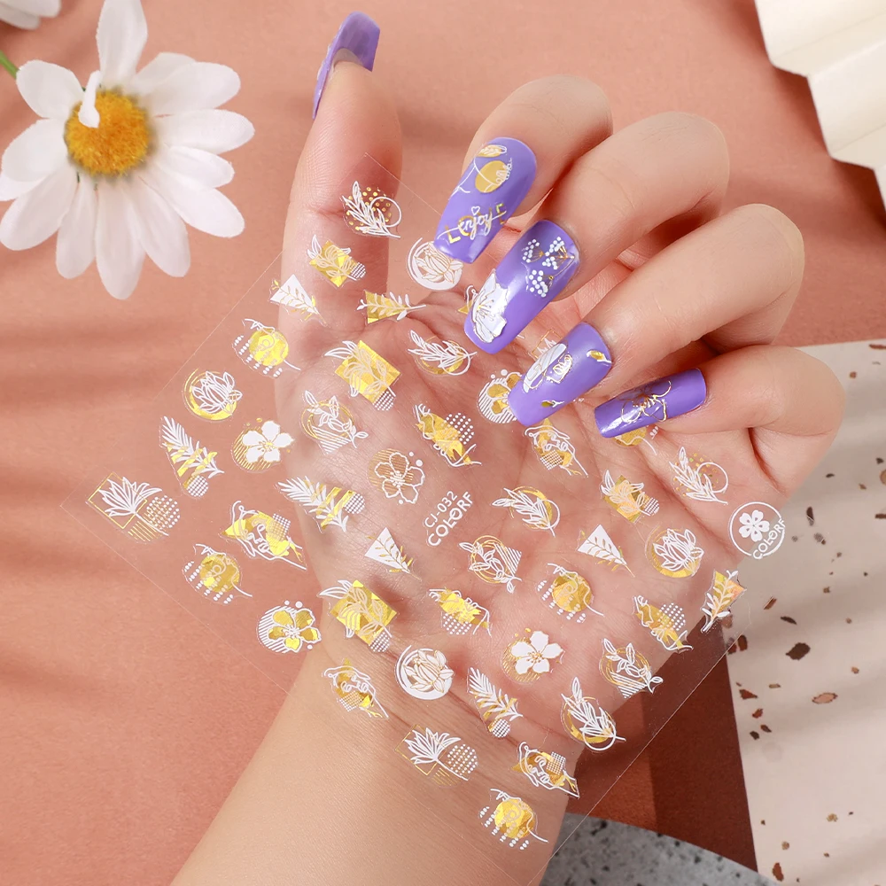 1 pçs 3d adesivos de unhas branco folha de ouro abstrato linha padrão auto-adesivo slider arte do prego decorações folha flores decalques do prego