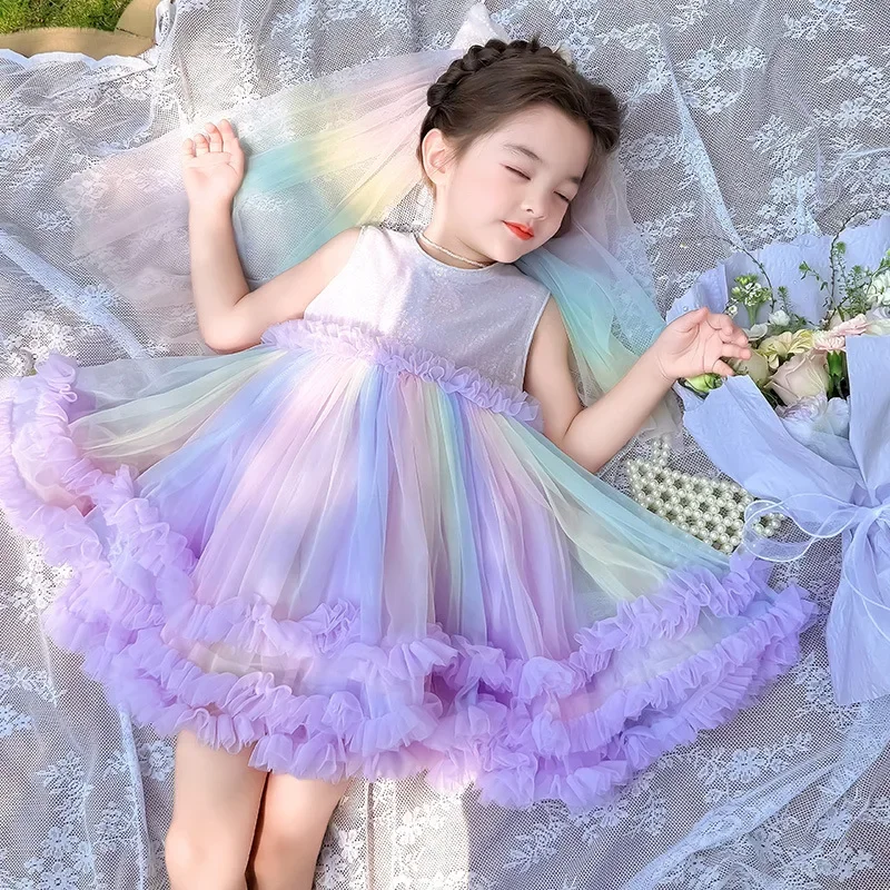 

Girls' Summer Sleeveless Rainbow Mesh Dress Baby Foreign Princess Dress Performance Vest Skirt