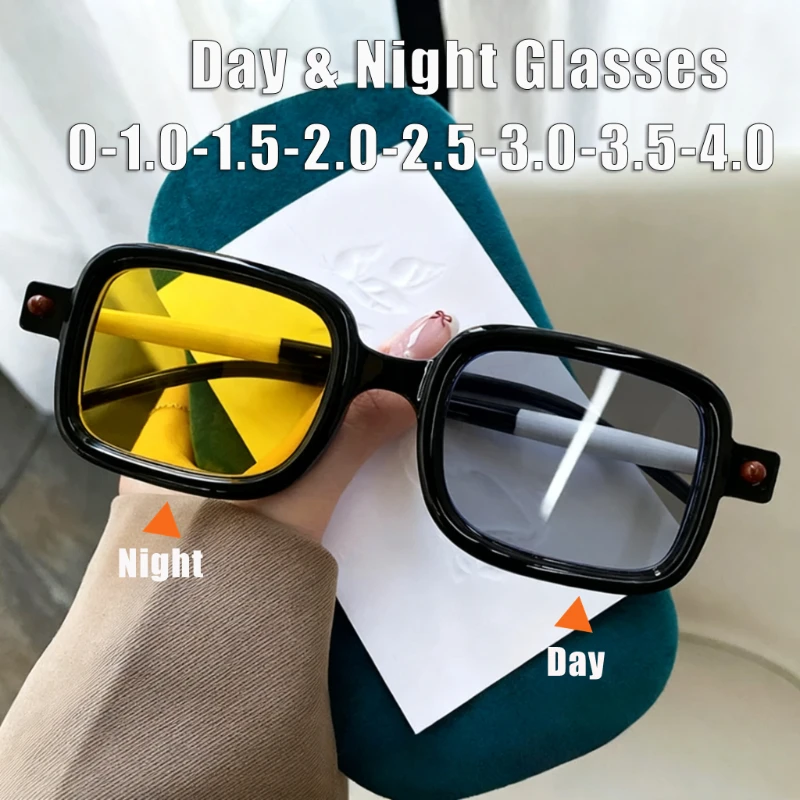 

Retro Square Frame Day & Night Vision Photochromic Myopia Glasses Anti-Glare Driving Glasses UV Protection Turn Grey Goggles
