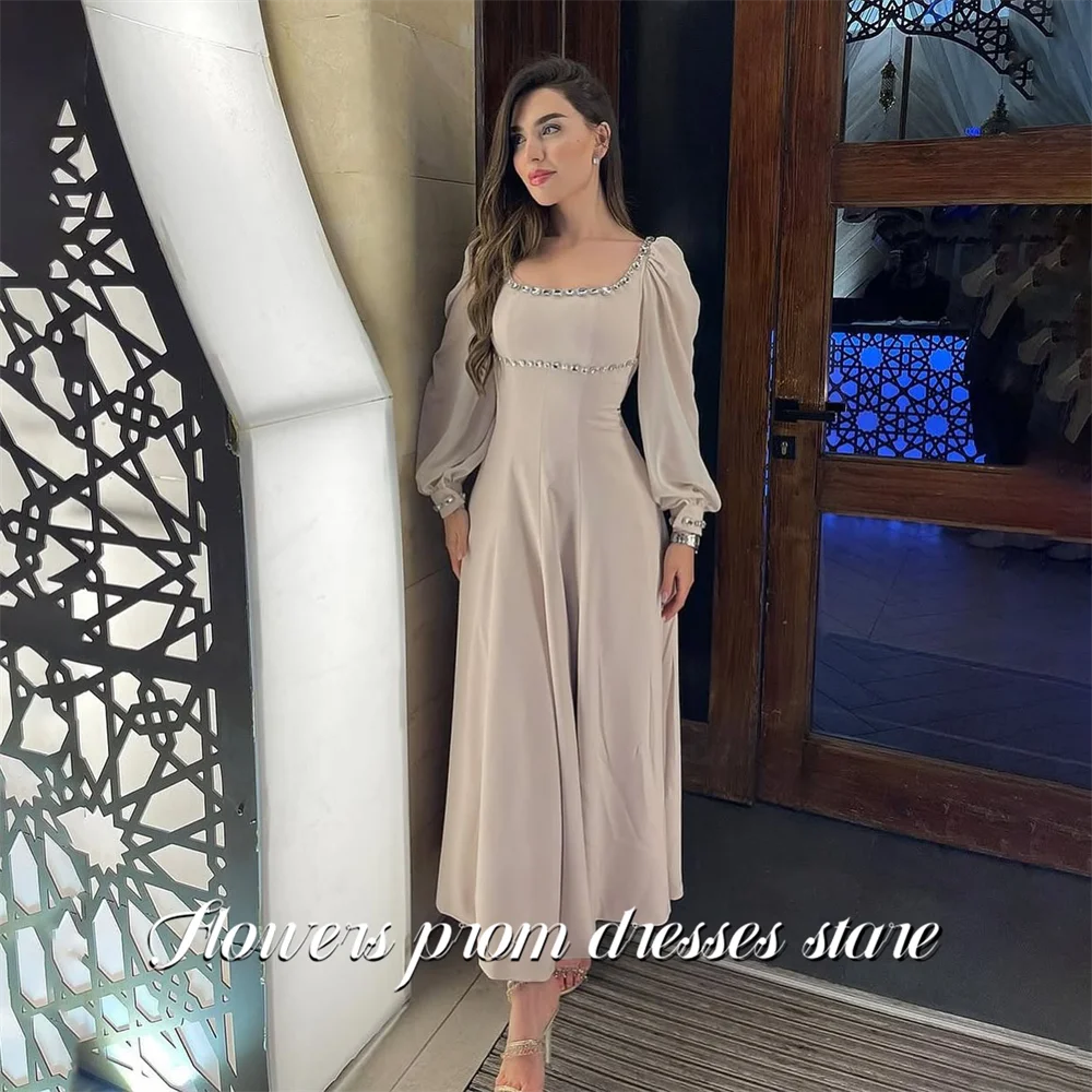 Flowers Beige Modest Evening Dresses Square Neck Formal Gown Long Sleeve Night Dresses Beading On Chest Prom Dresses Customized