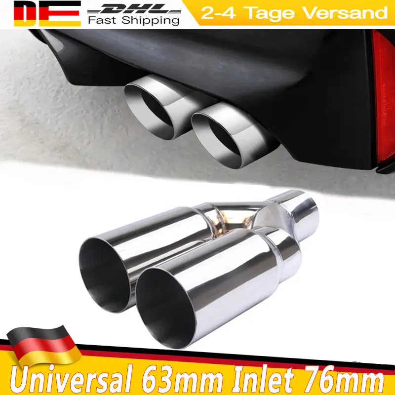 Universeller Auspuff-Endschalldämpfer aus Edelstahl mit 63 mm Einlass und 76 mm Auslass für Auto-Abgasanlagen, 3" Doppel-Endrohr mit geradem Schnitt
