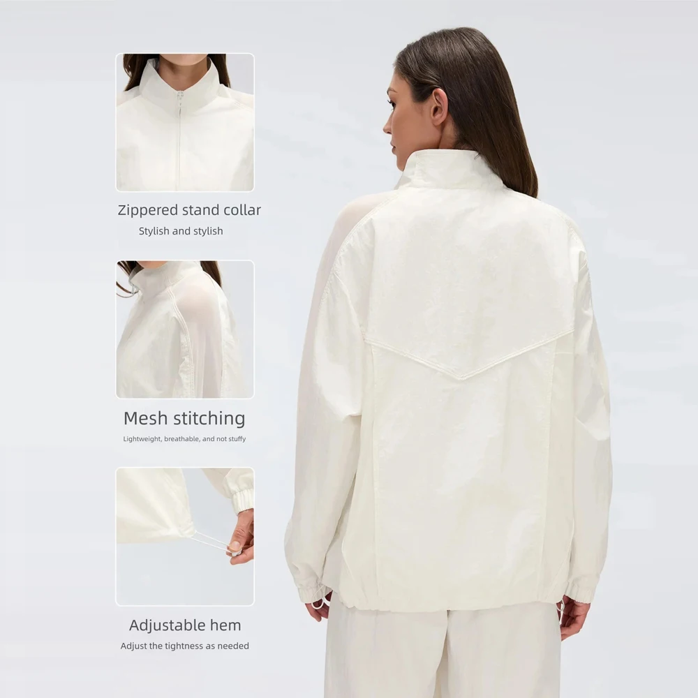 Women's Loose-Fitting Stand-Collar Sports Jacket 100% Nylon Lightweight Splash-Proof Outdoor Casual Jacket Mesh Patchwork Top