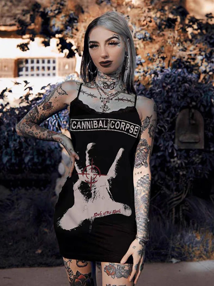 RORORIRI Hand Graphic Print Camisole Dress Women Letter Vintage Spliced Lace Open Back Slim Bodycon Mini Dress Grayu Y2k Clothes