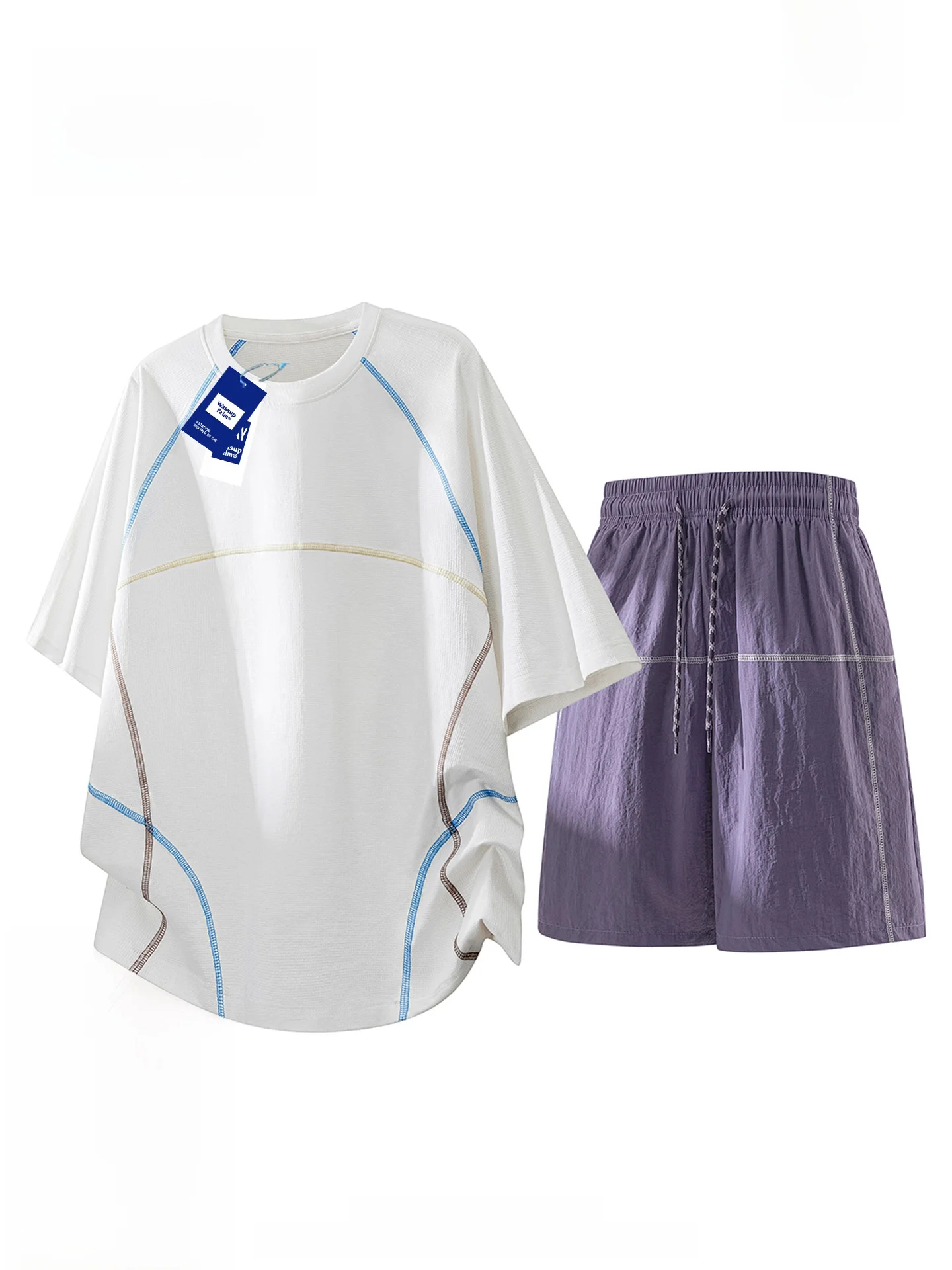 wassup-palm-men's-sportswear-set-loose-lines-american-style-t-shirt-shorts-set-summer-casual-sportswear-polyester-fiber