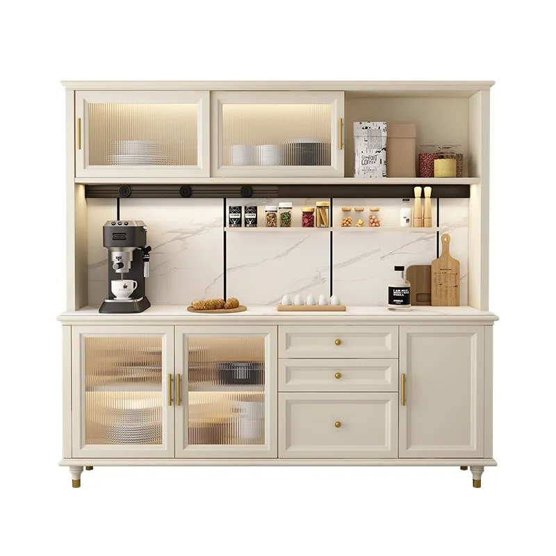 

American solid wood dining side cabinet, simple modern glass door cupboard, Nordic living room wine cabinet, hole plate storage