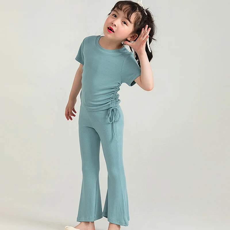 Summer Girl Clothes Suit Round-Neck Short Sleeve Blouse+Flared Trousers Simple Designed Fashion Casual Outing Sets Kids Outfit