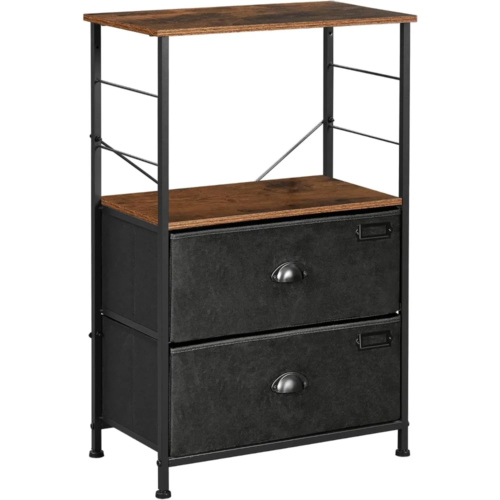 

Nightstand, Industrial Bedside Table with 2 Fabric Drawers, Storage Shelves, Vertical Dresser Storage Tower with Wooden