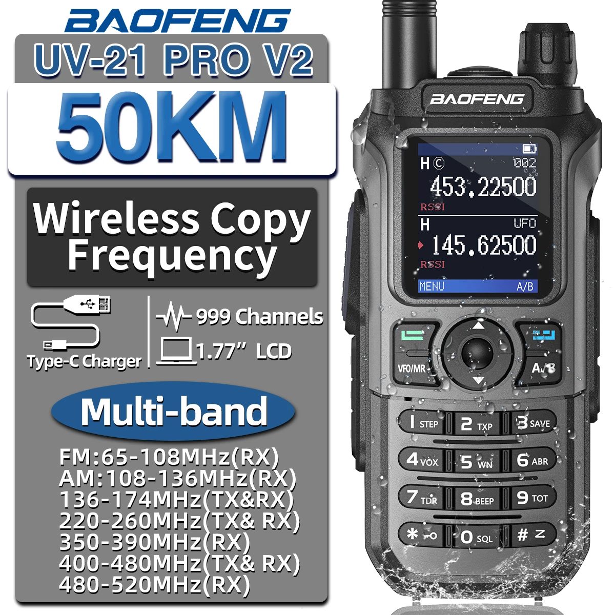 Baofeng UV-21 Pro V2 Wireless Copy Frequency Mutli Band Powerful Waterproof Long Range UV-5R Long Range Type-C Two Way Ham Radio 