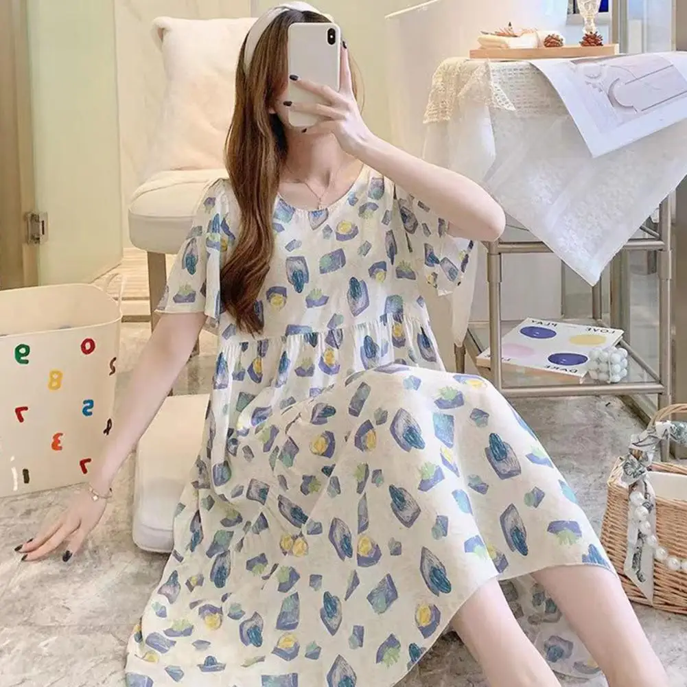 Women Cotton Silk Dress Printed Nightgown Floral Print Knee Length Nightdress for Women Loose Fit Round Neck Pleated Sleeves