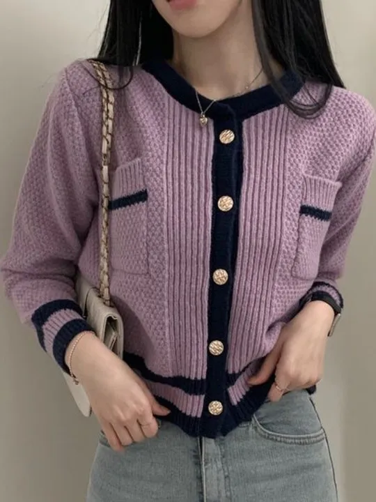 

Ele round Ne Knitwear ort Outerwear Women's Spring Autumn Slimming Long Sve Sweater Open Cardigan Straight Cut Sle