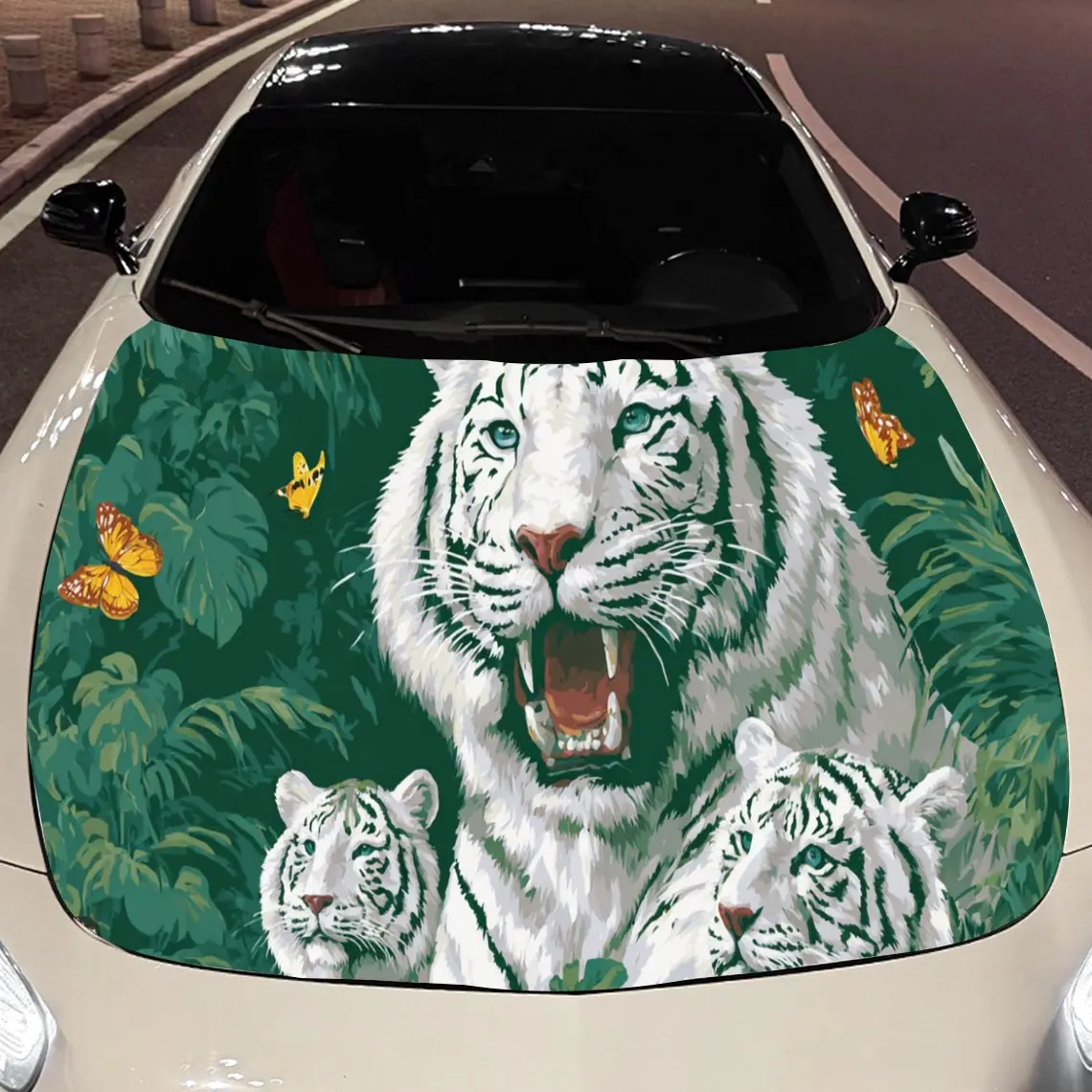 

Adorable White Tiger Group Car Hood Stickers - Self-Adhesive, Waterproof and Durable Vinyl Wrap, Decorate And Protect Your Car,