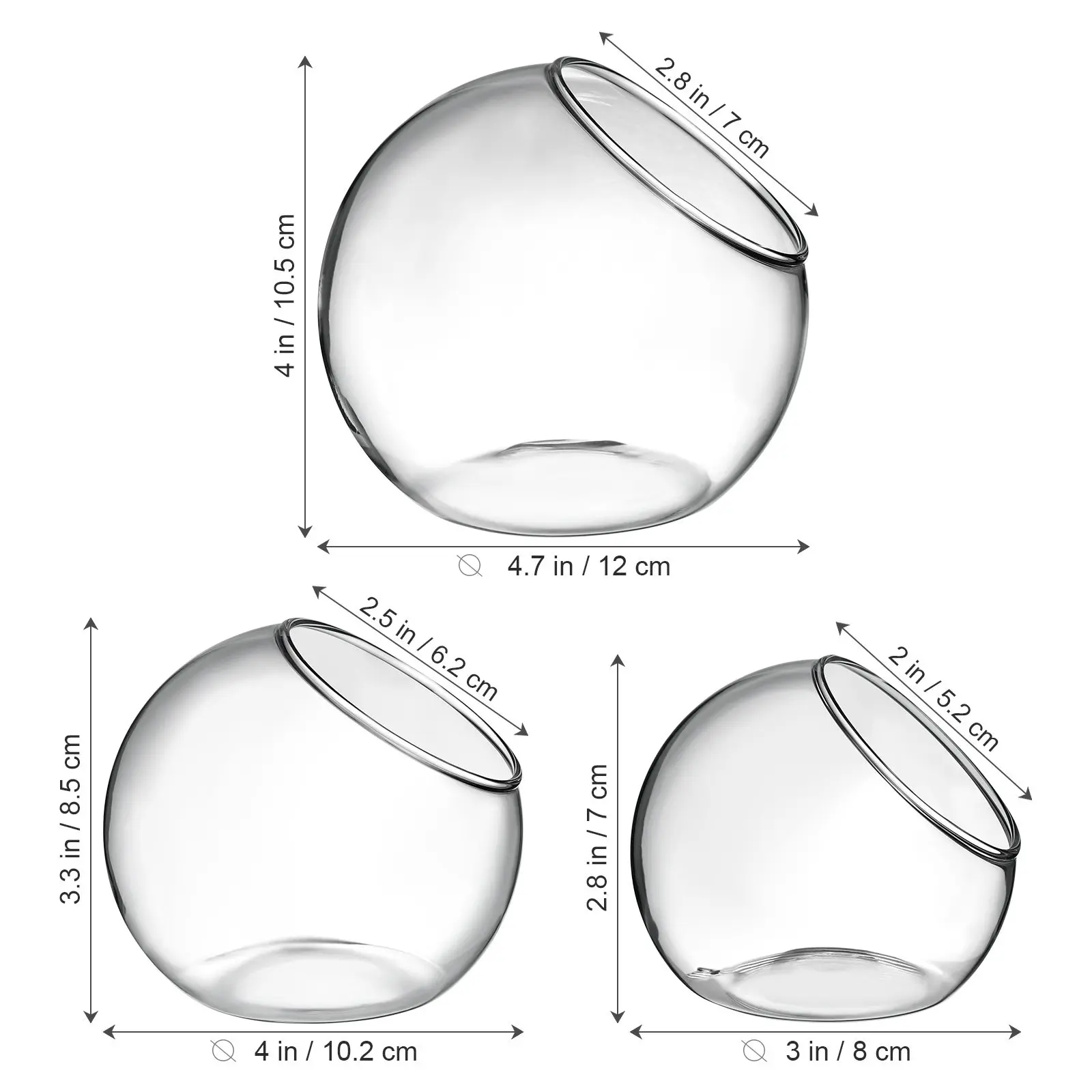 3 Pcs Glass Terrarium Bowls 8/10/12cm, Clear Air Plant Containers, Desktop Vases for Succulents & Hydroponics, Home Office Decor