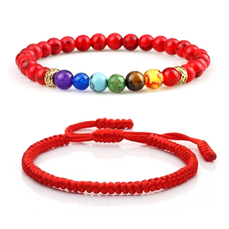 Pulseras de 7 Chakras con Cuentas y Hilo Rojo, Ajustables, con Nudo Trenzado, Amuleto de la Suerte para Mujeres y Hombres, Joyería de Piedra Natural con Energía Curativa, Regalo