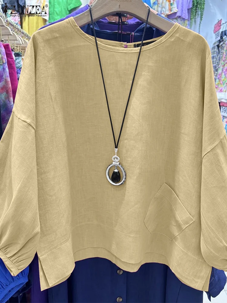 

ZANZEA Womens Cotton Blouses Casual Loose Oversized O-Neck 3/4 Lantern Sleeve Blusas Mujer 2025 Spring Fall Solid Color Tops