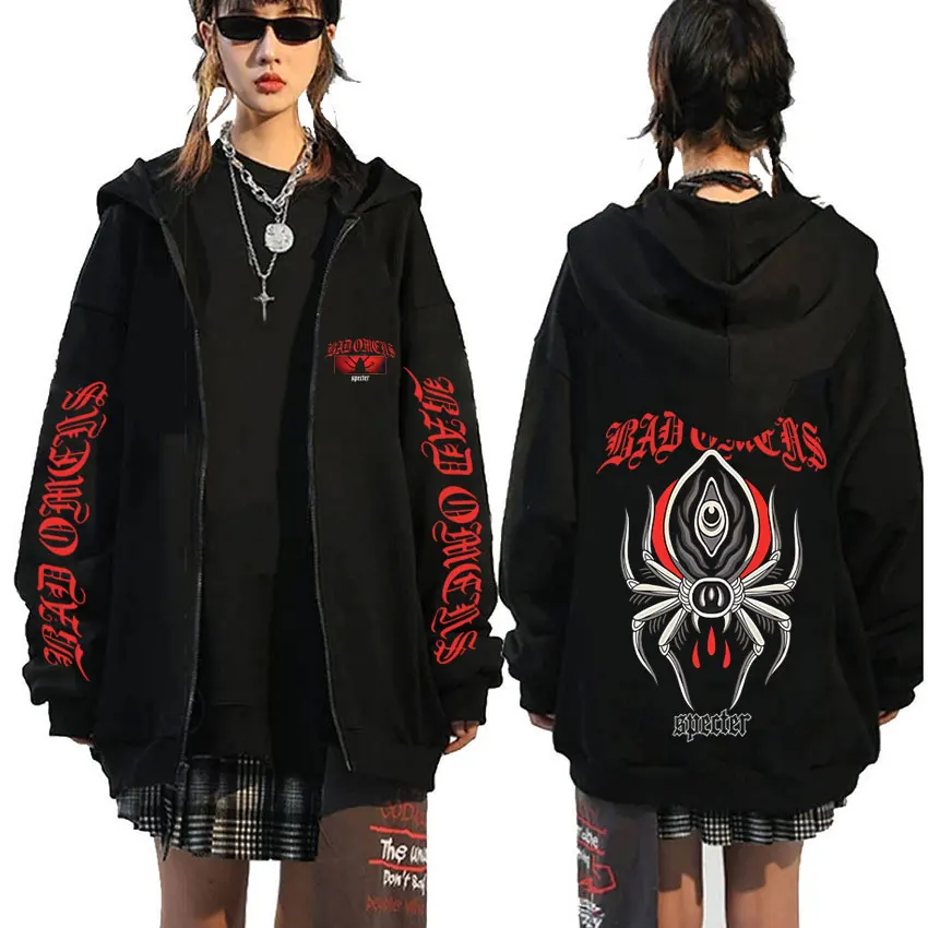 

Rock Band Bad Omens Specter Spider Graphic Zipper Hoodie Men Women Casual Oversized Zip Up Jacket Male Vintage Zip Up Sweatshirt