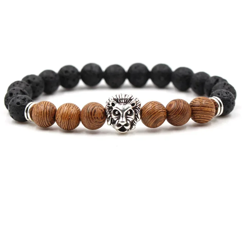 10pcs Ancient Lion Head 8MM Black Lava Stone Kallaite Beads Bracelet DIY Aromatherapy Essential Oil Diffuser Bracelet