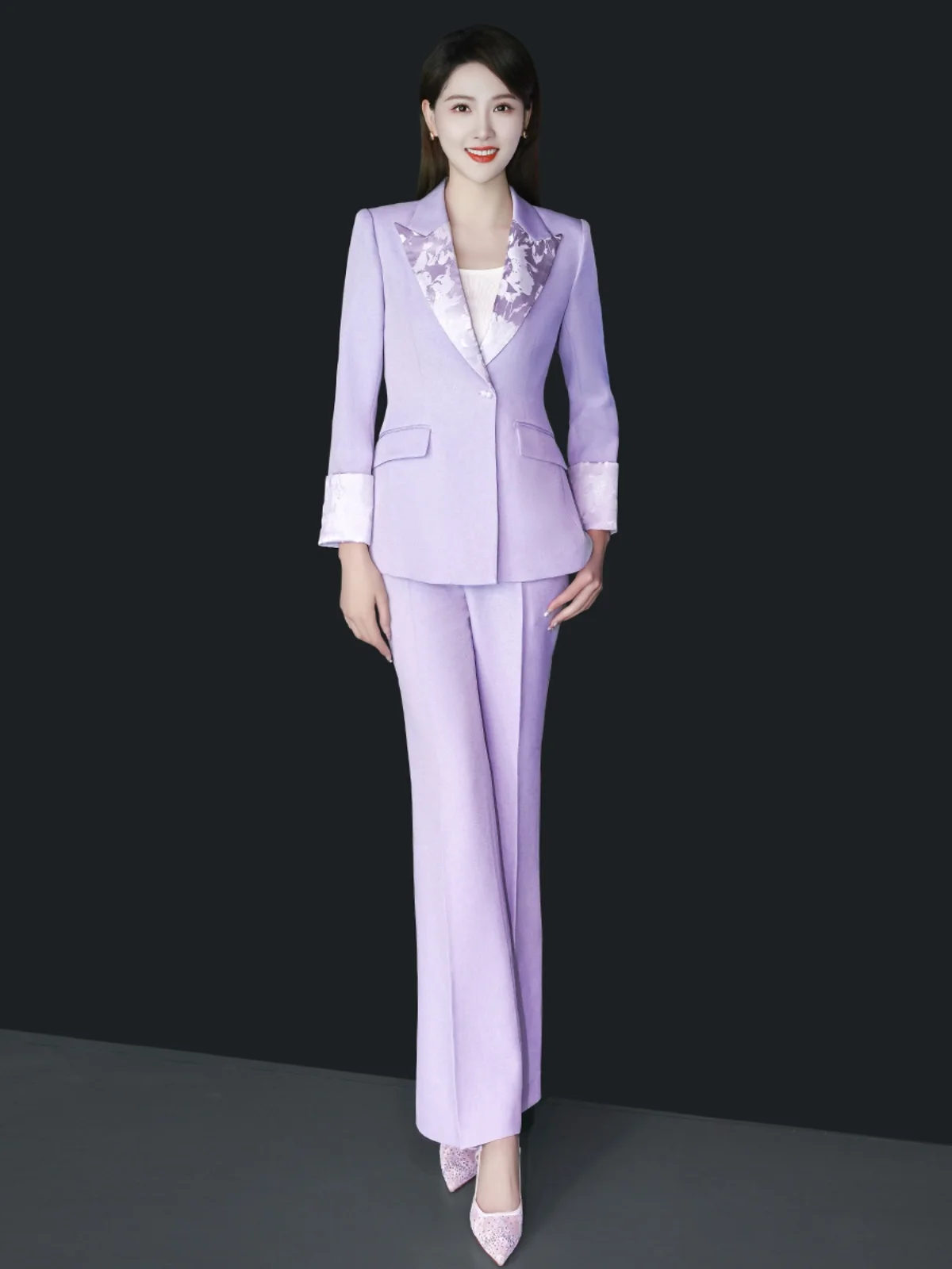 

Фиолетовый китайский профессиональный костюм, женский осенний комплект брюк-клеш для учителей начальника, модная спецодежда