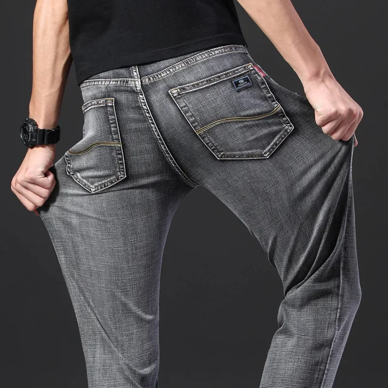 Pantalones vaqueros grises finos de estilo clásico de verano para hombre, Pantalones rectos de mezclilla elásticos de alta calidad a la moda de negocios, pantalones de marca para hombre