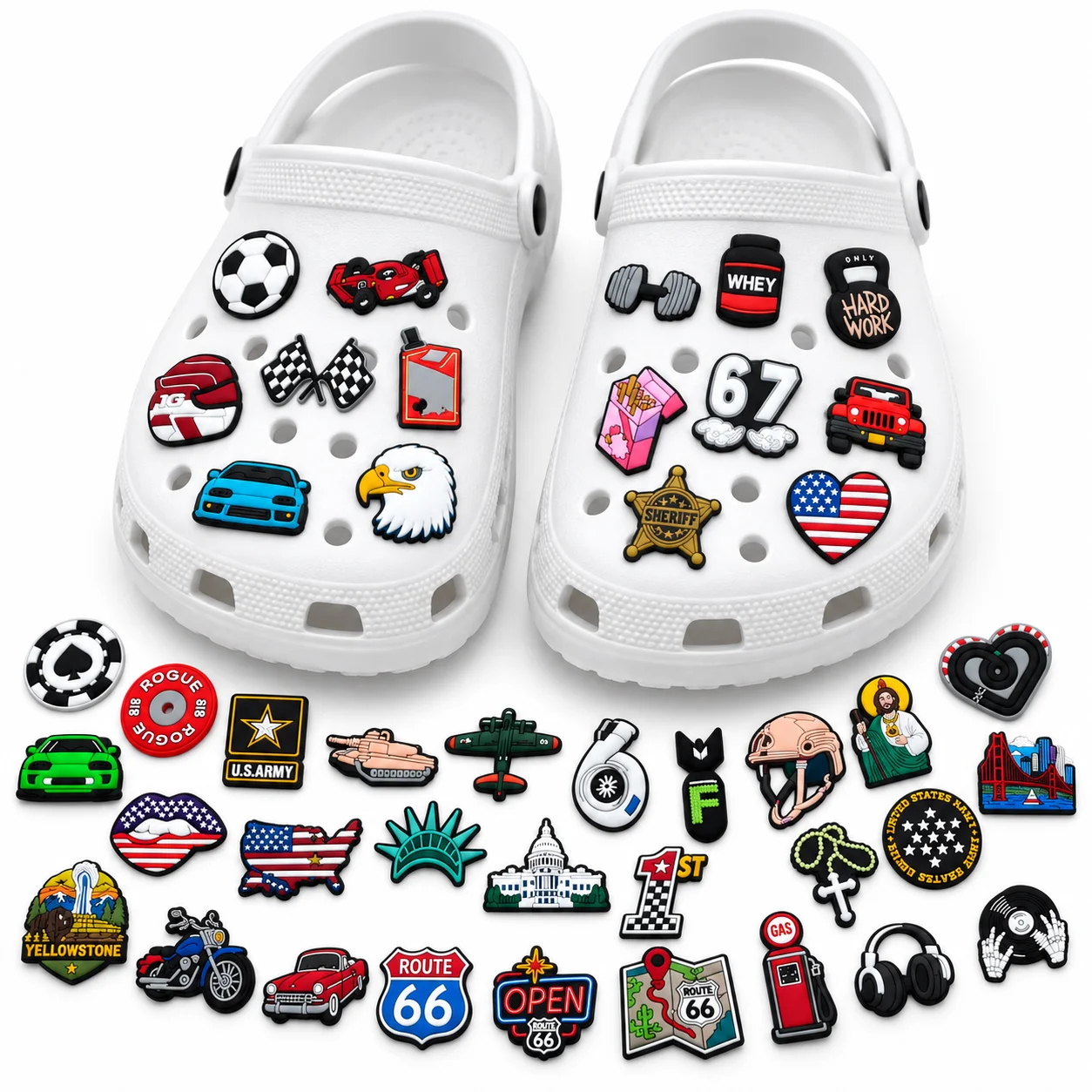 50pcs Mixed Shoe Charms Set Car USA Flag Route 66 PVC Pins for Clogs Cool Men Shoe Accessories Buckles Gifts for Boys Teens