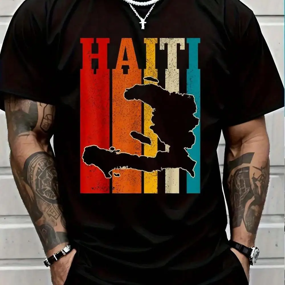 100_ Cotton Haiti Vintage Haitian Pride Island Map Vintage Haiti T-Shirt Round Neck Short Sleeve T-Shirt Women s Men s Graphic Tee Women s Men Gr