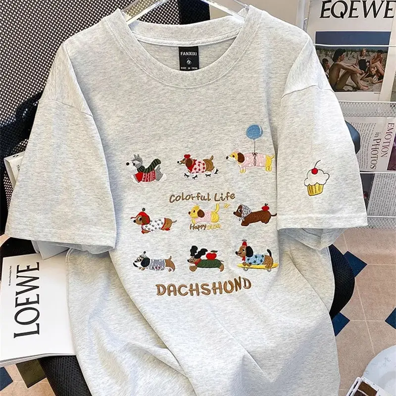 Summer 2025 New Fashion Chic Short Sleeve Top Pullovers Women Puppy Embroidery Loose O-neck Casual T-shirt