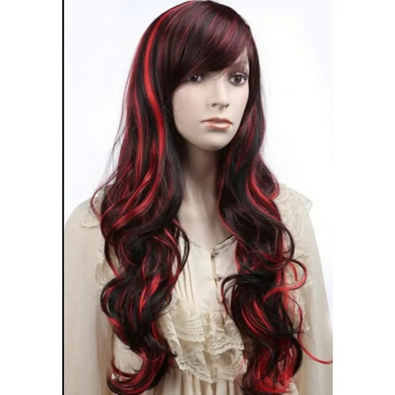 Peruca longa encaracolada Cosplay, Cabelo Multi-vermelho, Resistente ao calor, Peruca completa, Moda, az77