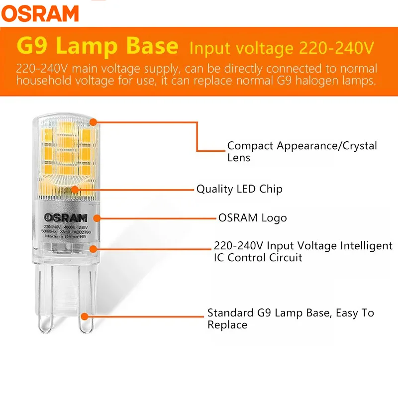 OSRAM Indoor Home House Crystal Lighting LED G9 PIN Lamp 2.6W 3W =30W Halogen 2700K Warm White Clear Capsule Bulb 220‑240V