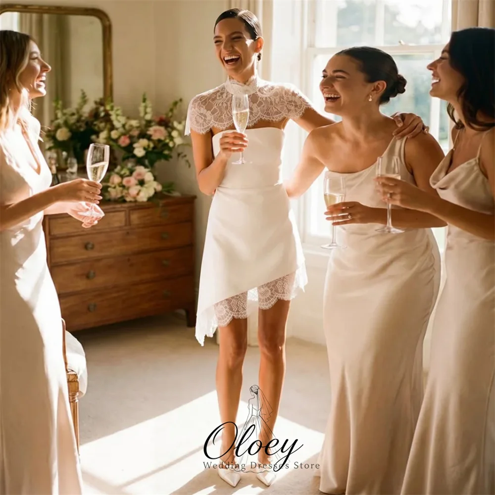 OLOEY Chic High Neck Lace Satin Asymmetrical Short Wedding Dresses For Woman Detachable shawl Sleeve Bridal Gown Customized