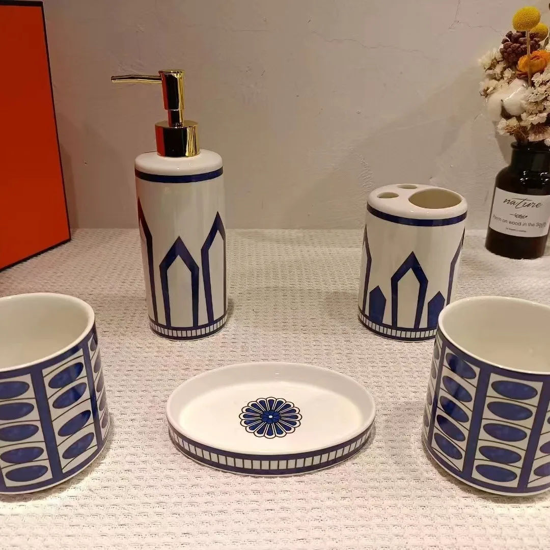 European-Style Ceramic Five-Piece Bathroom Set Washing Mouthwash Cup Supplies Cross-Border Delivery 6