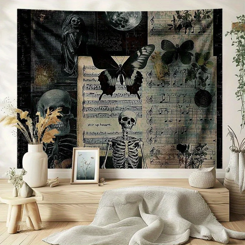 Aesthetic Gothic Skeleton Butterfly Tapestry Wall Hanging Dark Academia Style Music Notes Skull Print Polyester Art Decor