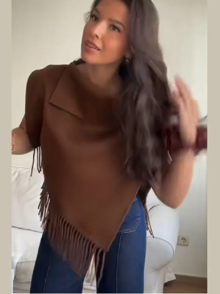 

Модный плащ без рукавов с кисточками и высоким воротом, женский шикарный короткий однотонный пуловер, новинка 2025, женская осенне-зимняя шаль для поездок на работу