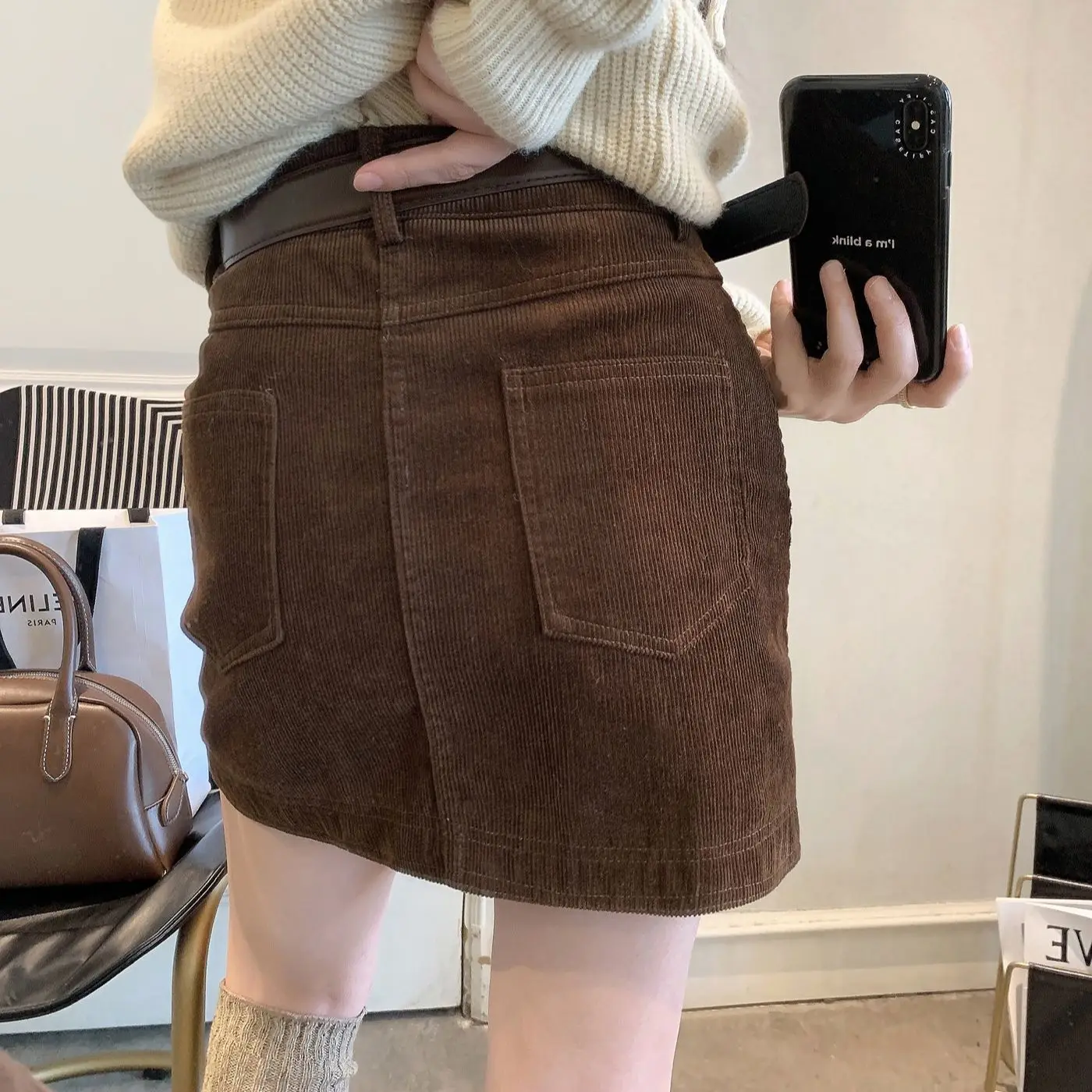 Brown Corduroy High Waisted Slimming Midi Skirt For Women Spring Autumn A-Line Bodycon Short Skirts