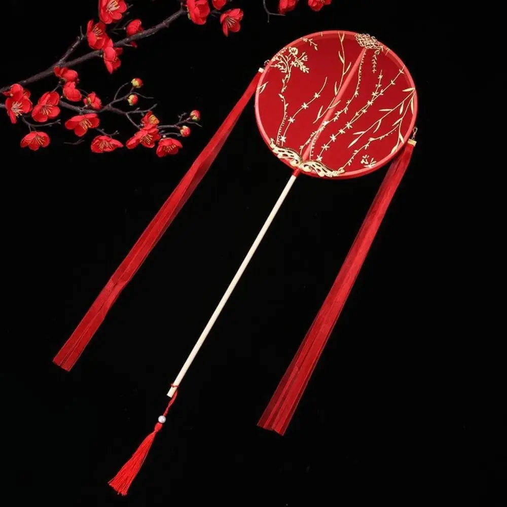Vintage Chinese Style Chinese Style Round Fan with Pendant Long Handle Embroidery Fan Tassels Translucent Silk Fan Home Decor