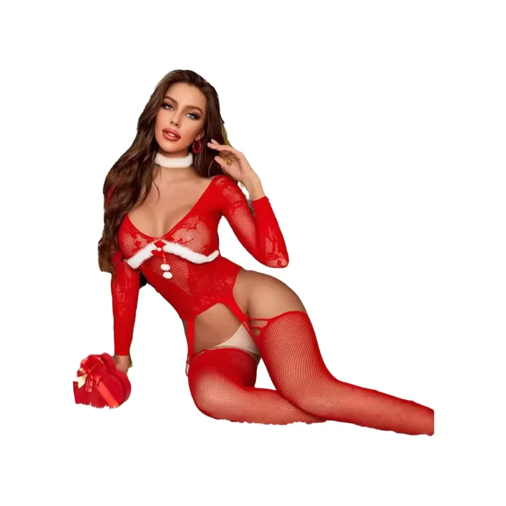 European and American sexy lingerie Christmas jumpsuit sexy hollow passionate red tight netting