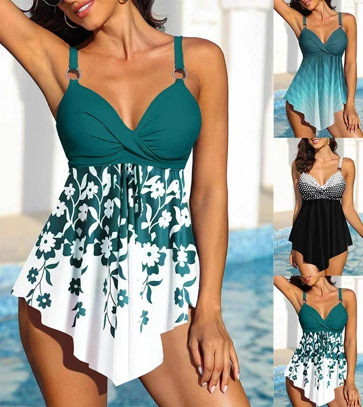 

Women's Beachwear Backless Women's Tankini Swimwear Willow Print Two Piece Bikini Vacation BeachwearS-6XL