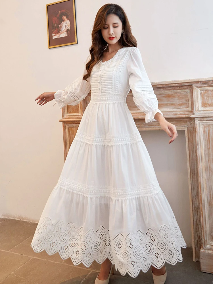 

GypsyLady White Elegant Chic Maxi Dresse Tiered Lace Summer Women Dress Hollow Out Holiday Sexy Casual Ladies Dress Vestido