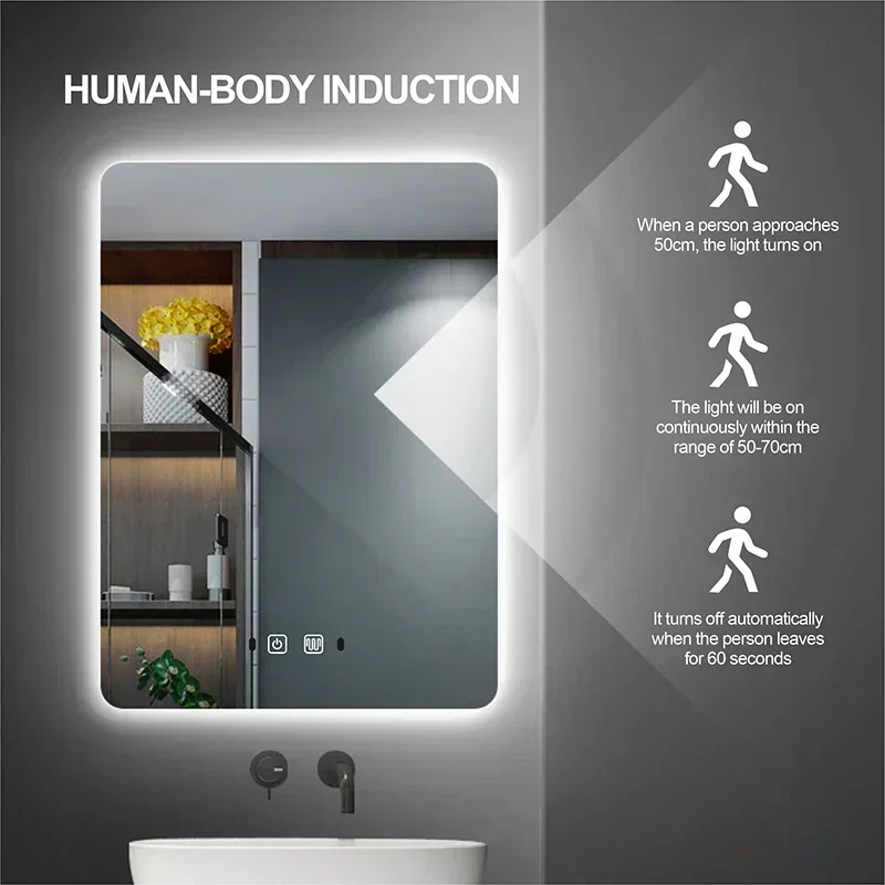 Practical Rectangle Bathroom Mirror Human-body Induction+Bluetooth+3 Color LED+Dimmer+Defogging+Time/Temperature