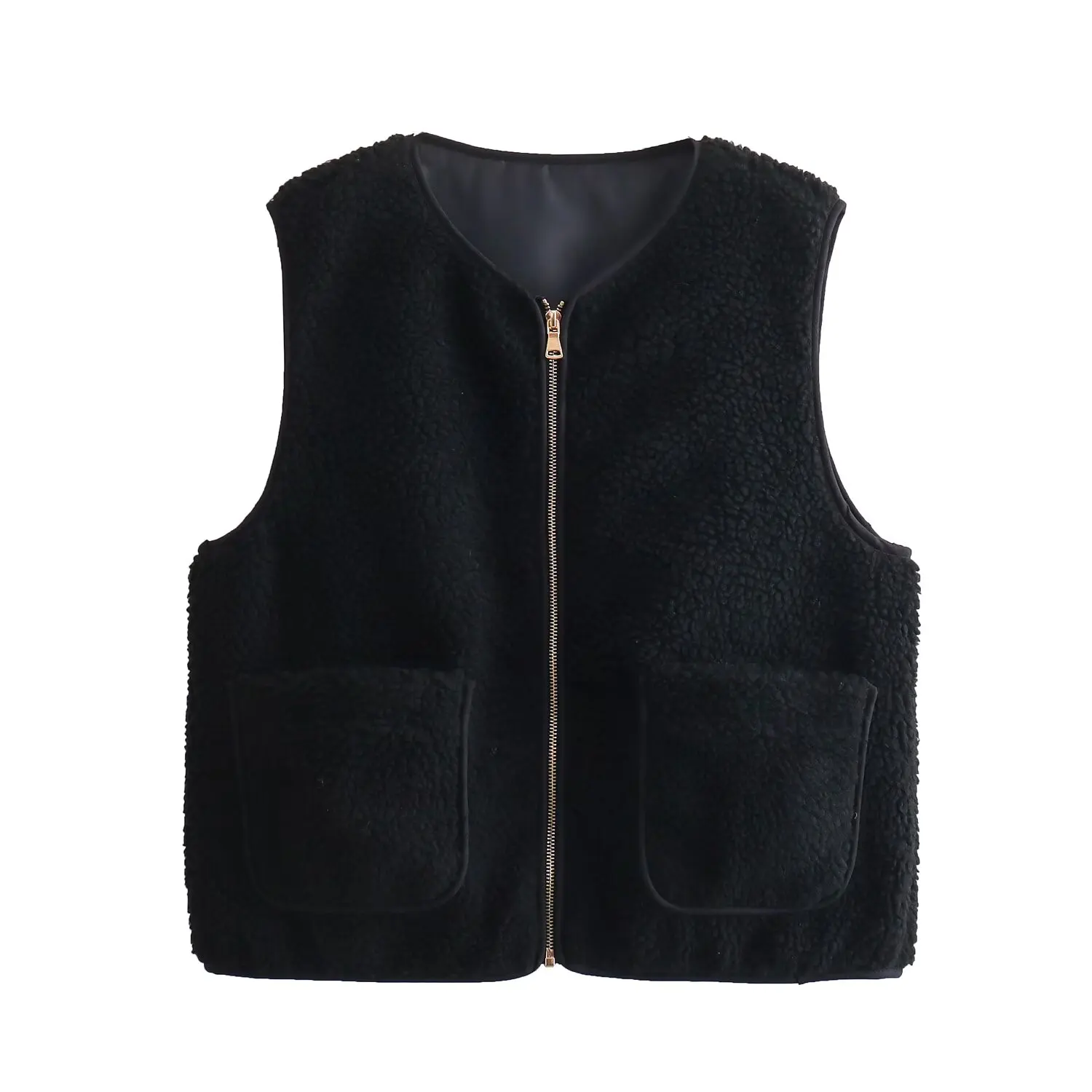 TRAFZA 2024 Spring Women Casual Fleece Solid Vests Sleeveless Zipper Tops O-Neck Straight Short Vest Fashion Ladies Vintage Tops