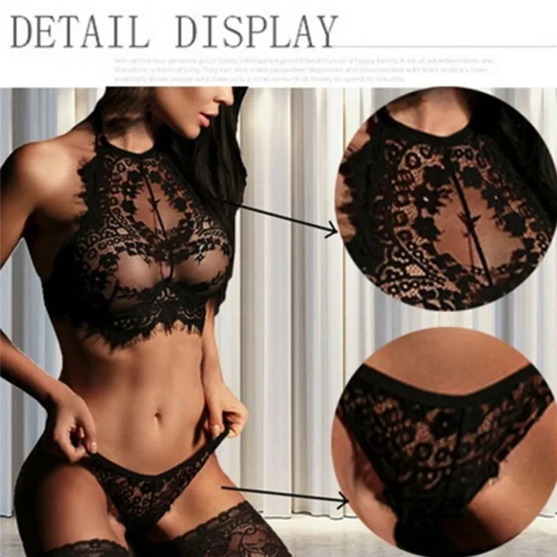 Sexy Lace Bra Panties Underwear Set Women Black Eyelash Porn Lingerie Costume Erotic Uniform Vest Top Bra and G-String Suit 2022