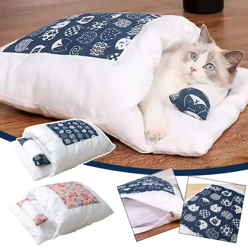 NEW Cat Sleeping Bag Removable Warm Cat Beds Winter Cat Bed Dog Pillow With Cushion Nest Cats House Sleep Supplies Pet Deep H2D4