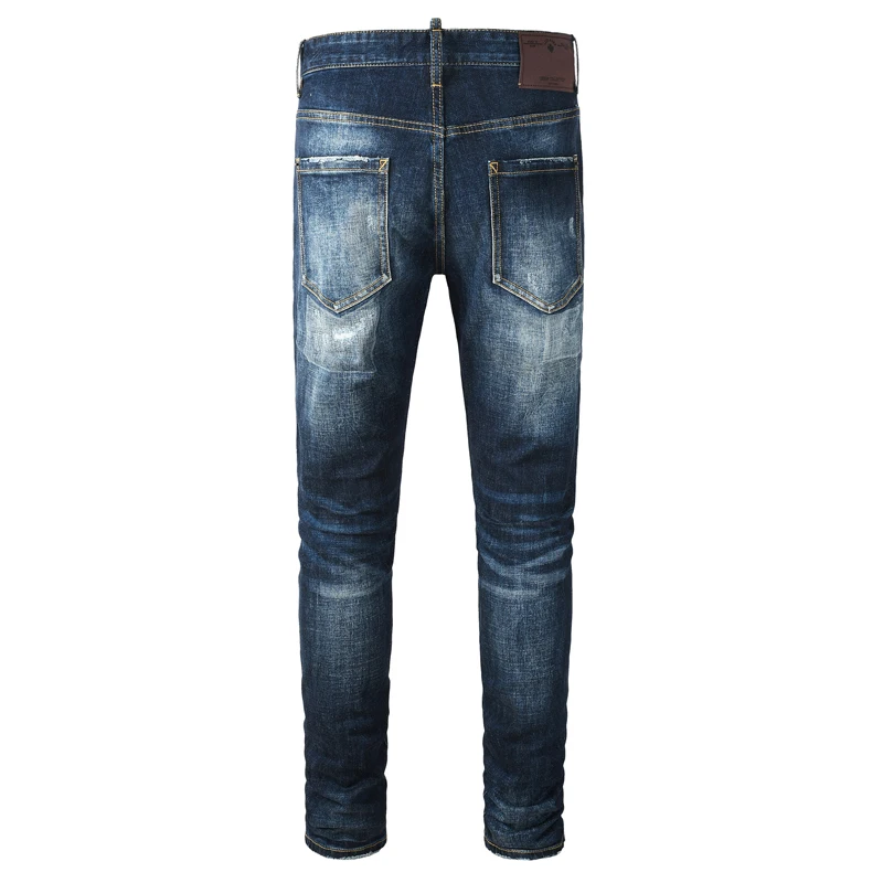 High street designer's fashionable new men's jeans with perforated patches, elastic slim fit, blue jeans, hip-hop brand pa