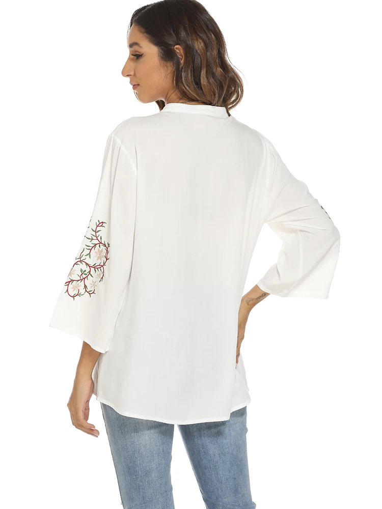 KHALEE YOSE Embroidery White Blouse Shirt Floral Cotton Mexican Shirt Women Hippie Vintage Chic 23XL Loose Holiday Ethnic Shirt