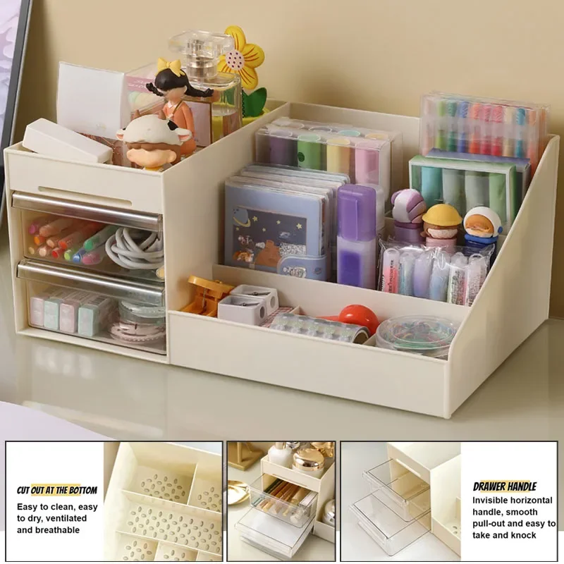 2025 Beige Plastic Drawer Makeup Storage Box Dormitory Finishing Plastic Shelf Cosmetics Skin Care Dressing Table Desktop S/M/L