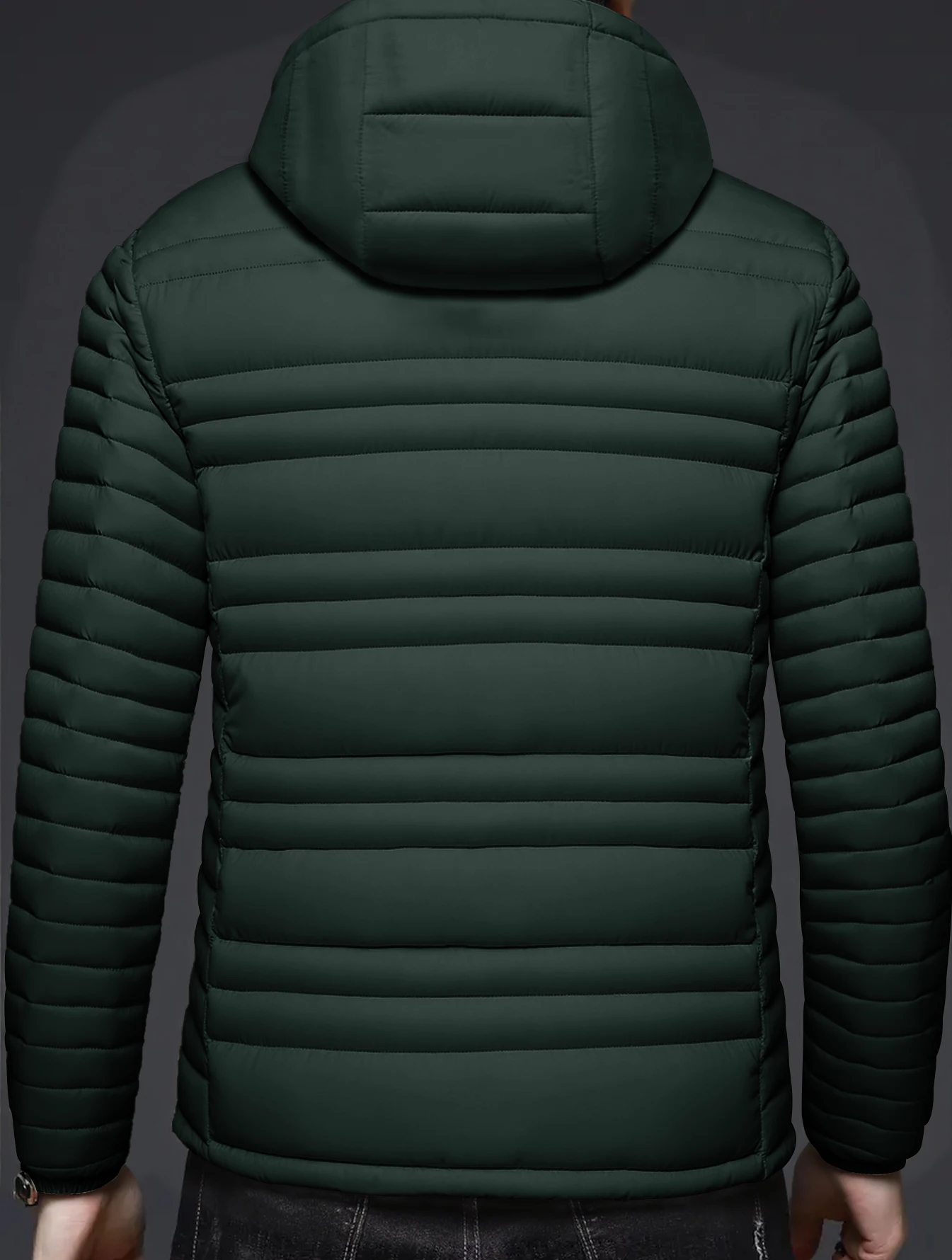 Men's Solid Dark Teal Hooded Puffer Jacket Light Cotton Windproof Thermal Zipper Pocket Casual Outdoor Winter Outerwear