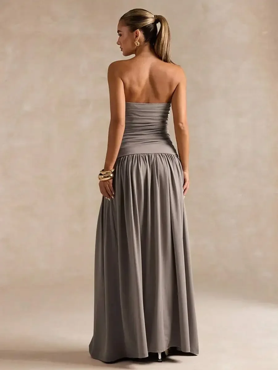 

Elegant Solid Color Strapless Maxi Dress For Women, Minimalist Flowy Gown, Office Siren Style, Fall Wedding Guest Dress