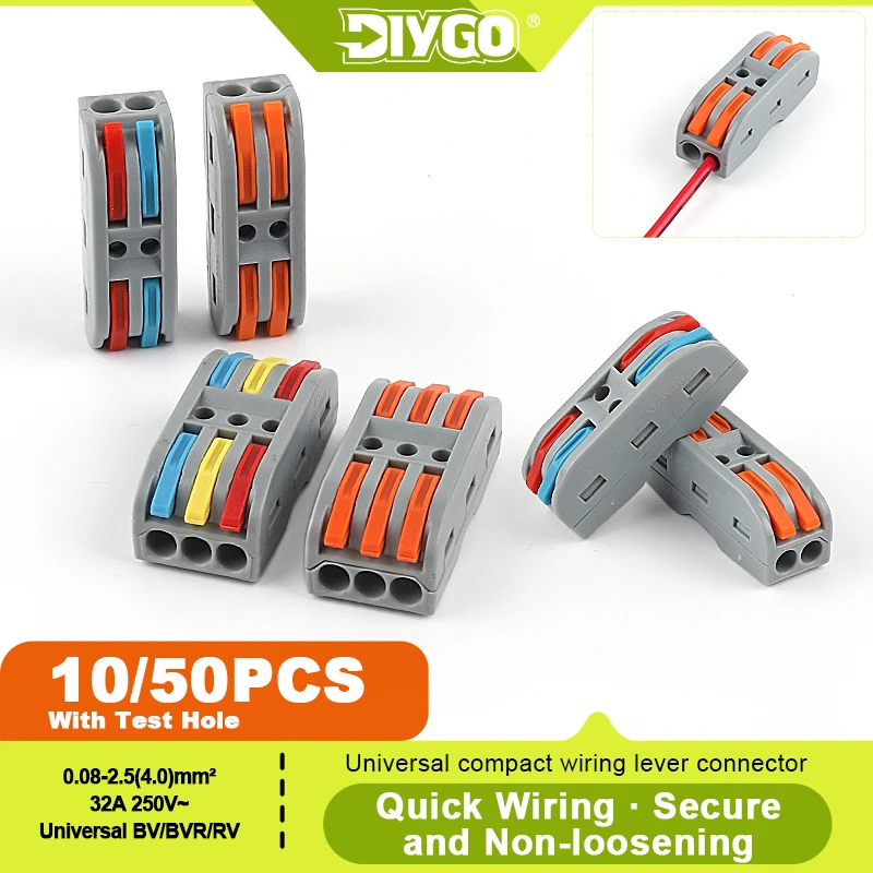 DIY GO 10/50PCS Qucik 1 to 1 Wire Connector Universal Compact Push-in Splice Terminal Block PCT-222/223 2/3 Way Cable Wiring