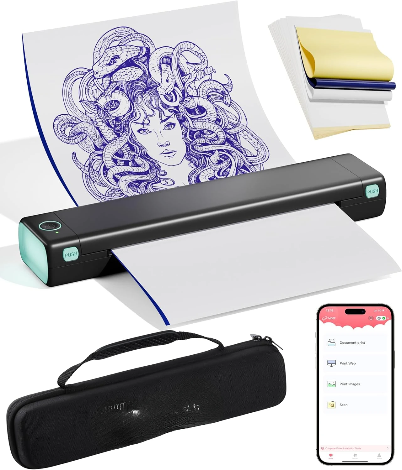

Bluetooth Tattoo Stencil Printer, Thermal Tattoo Transfer Machine for Tattoo Artists, Compatible with Phone & PC, with Case