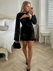 Tossy Black Lace Mini Dress Women's 2 Piece-Set Shrug Hollow Out Printed Fashion Sexy Party Dress Sets Female See-Through Dress