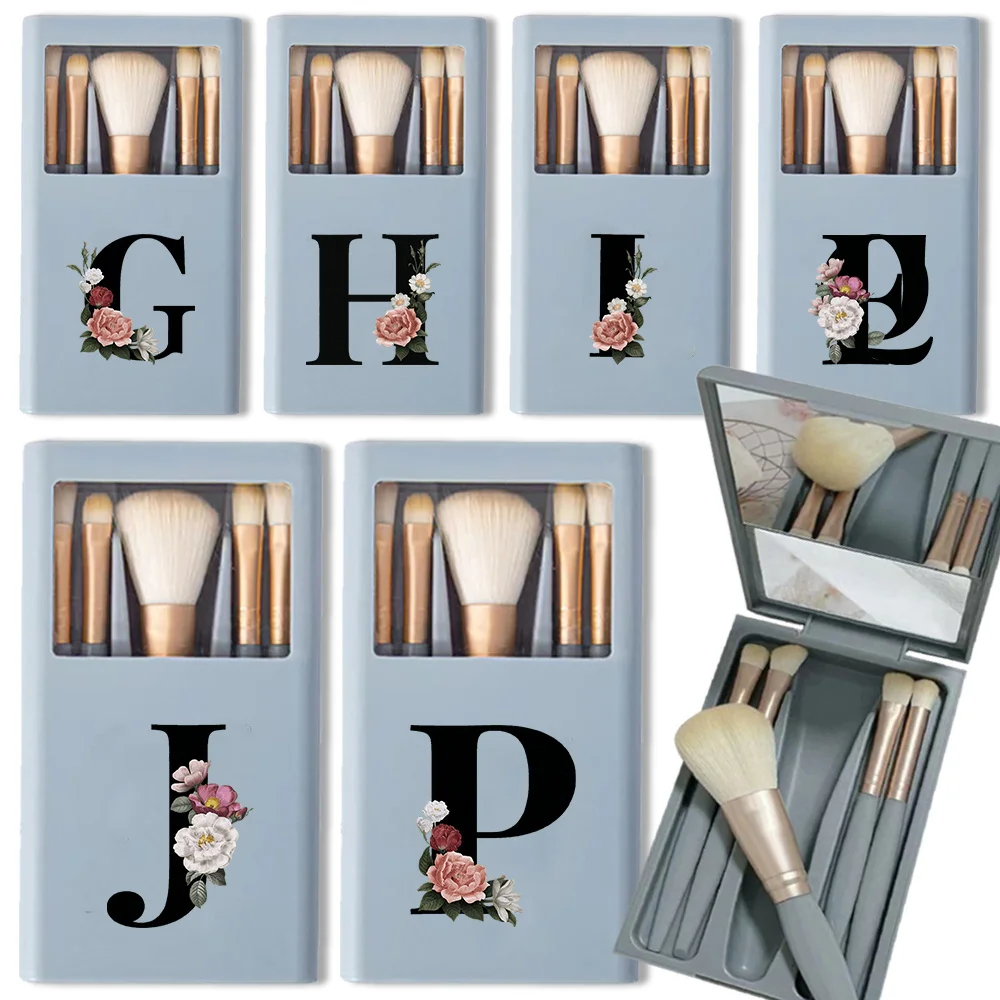 5-delige lange make-upborstelset met spiegelorganizerkoffer Multifunctioneel duurzaam cosmetisch gezichtsschoonheidshulpmiddelen Zwart bloemmotief